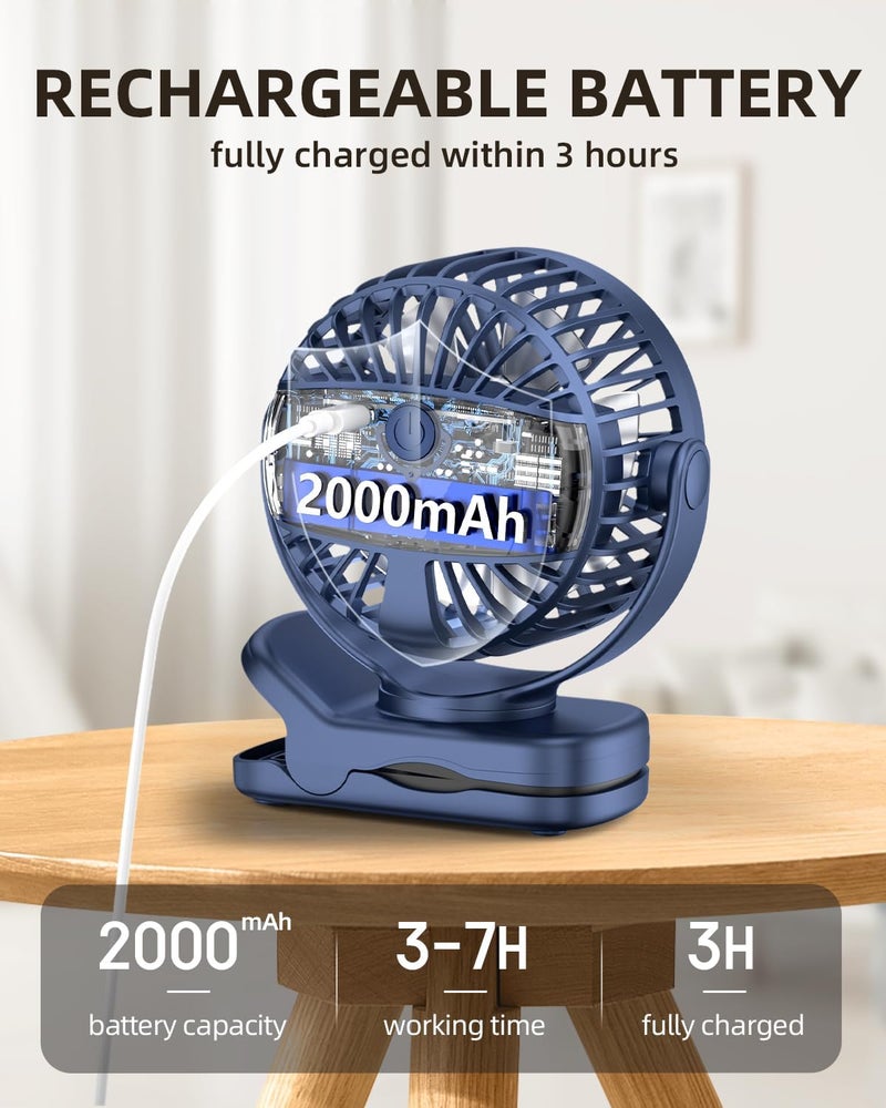 TUNISE Mini Clip on Fan, Battery Operated Desk Fan, Digital display，3 Speeds Adjustable, Bidirectional 360 ° Adjustable, Super strong wind, Portable Fan for Home Office Stroller Camping Blue - Image 4